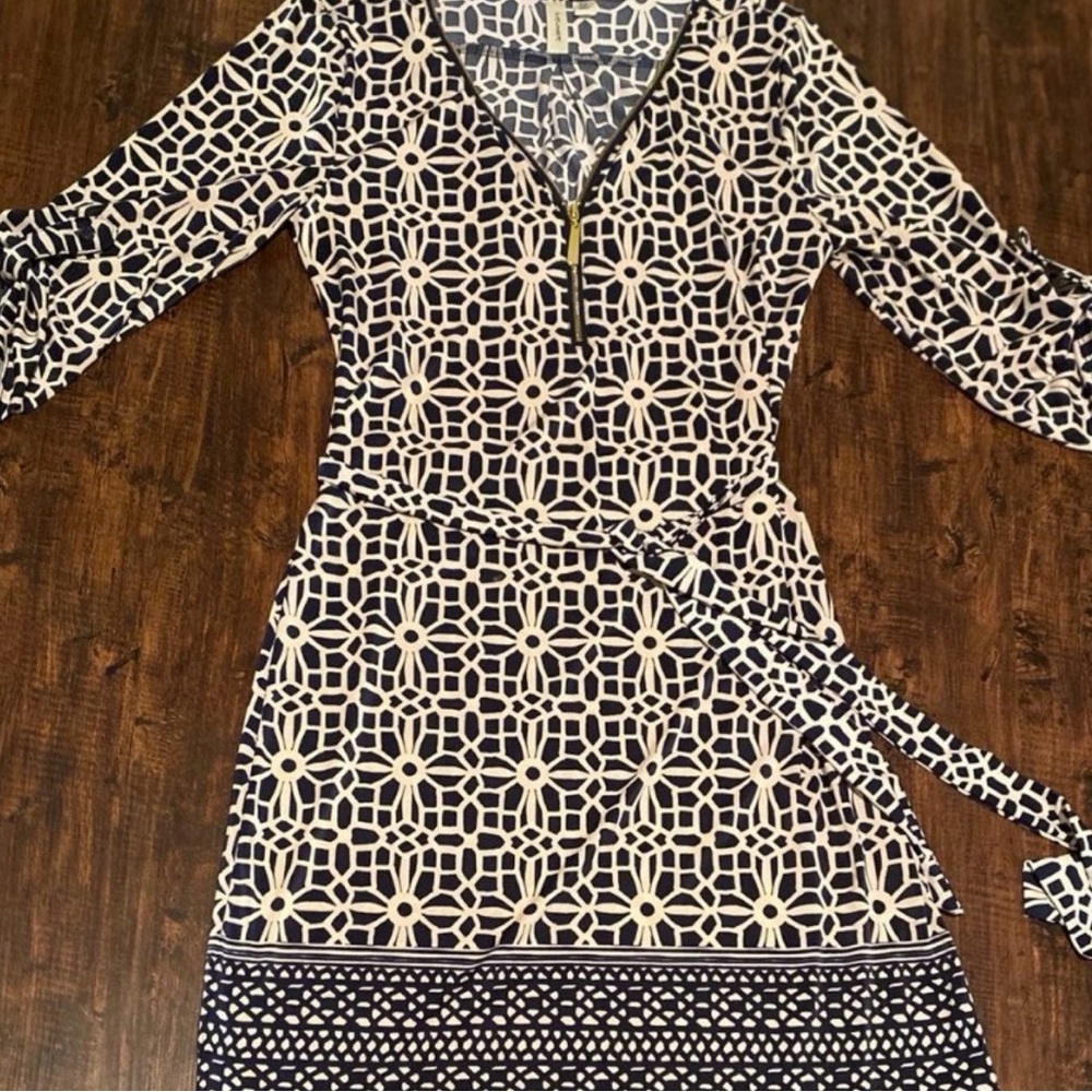 Tacera Navy, White, Gold Zipper Tie Dress